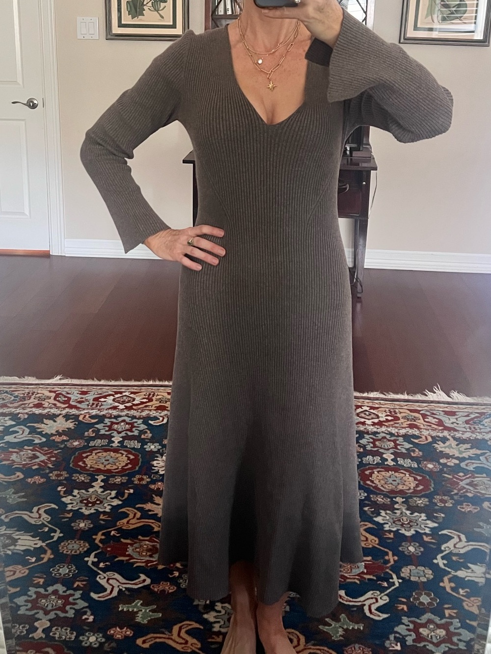 Rails V-Neck Ribbed Long Sleeve Sweater Dress in Grey